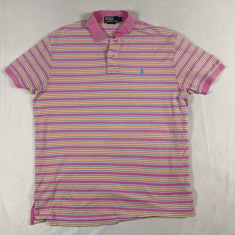 Polo Ralph Lauren Polo Shirt Pink Multi Stripe Pima Cotton Mens Large